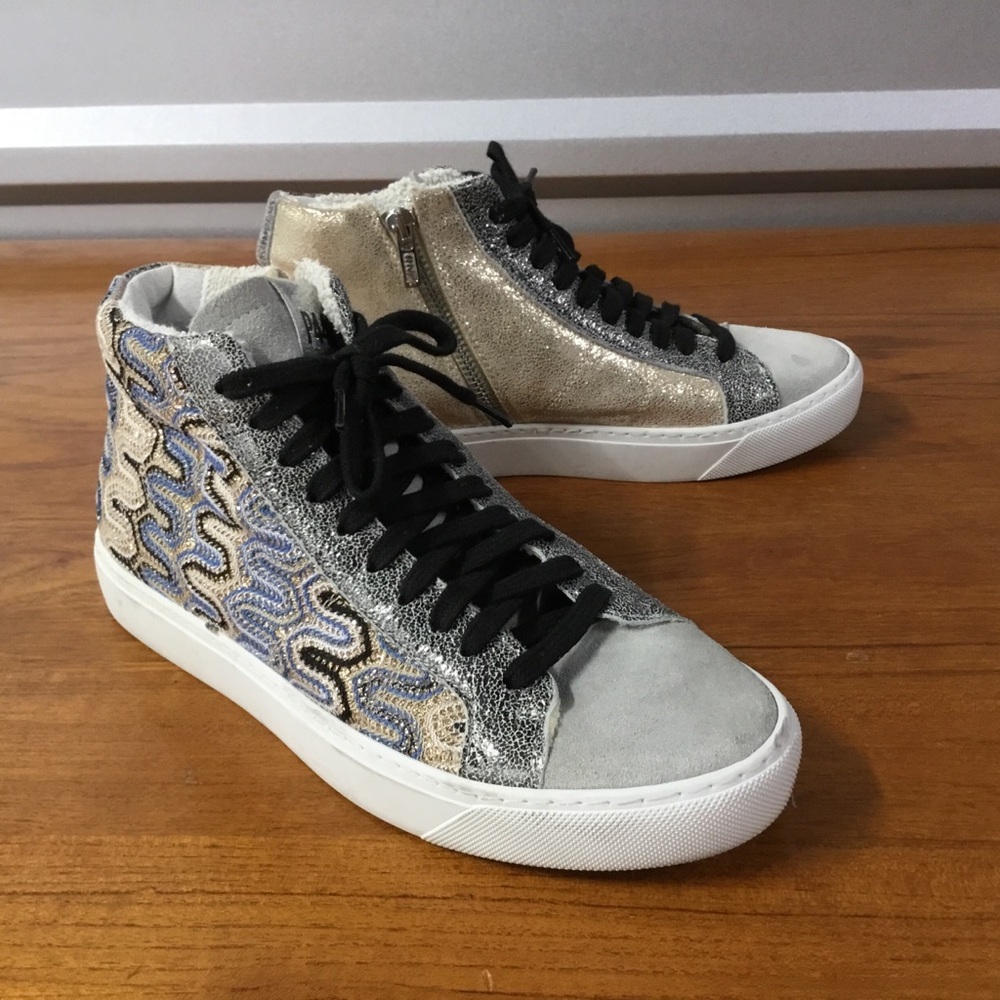 P448 Women’s Panama Starb Metallic High Top Sneakers Gray Leather EU 38 US 8